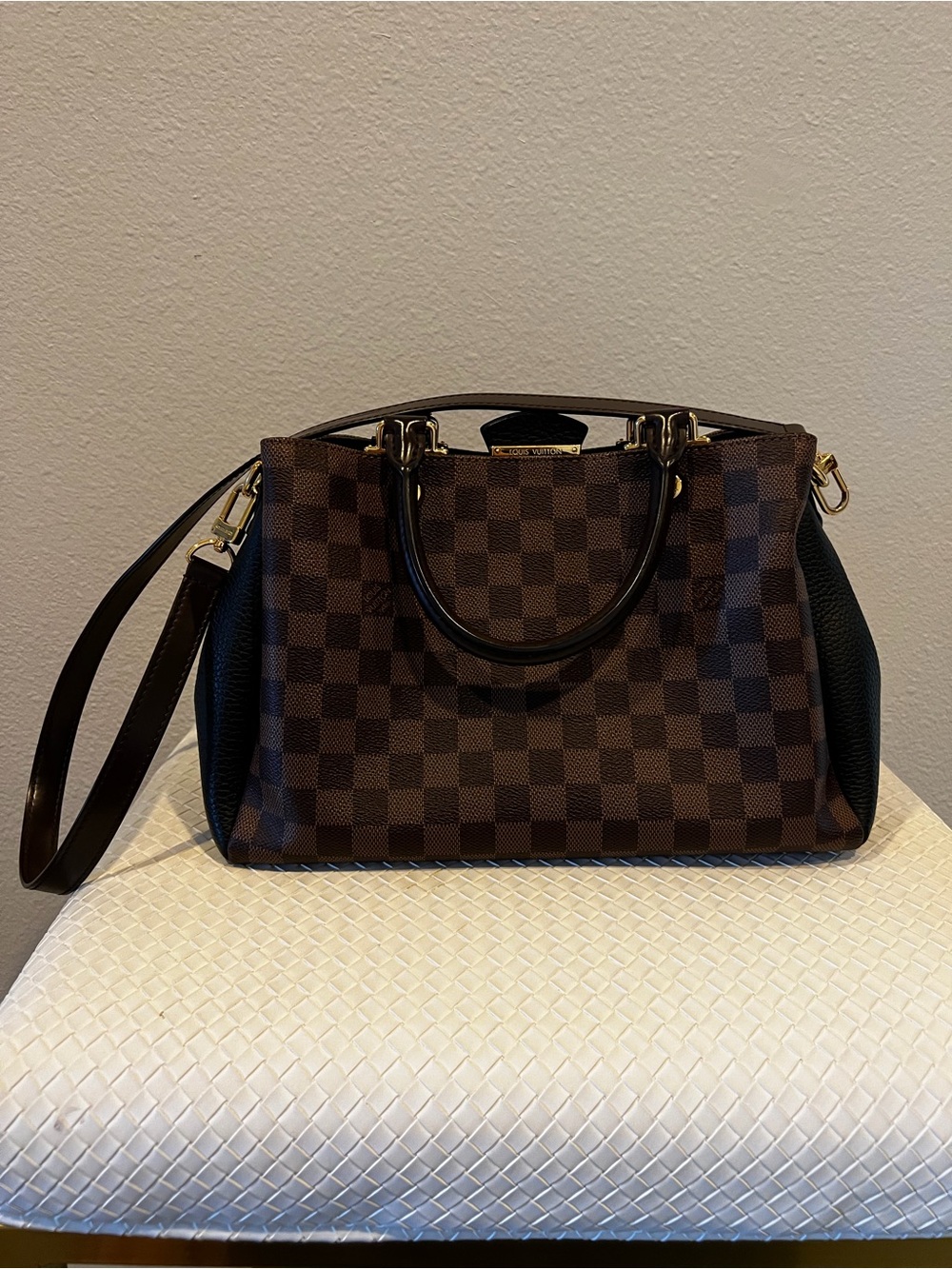 Louis Vuitton Brown Checkered Satchel with Black Trim and Gold Hardware - Picture 3 of 3